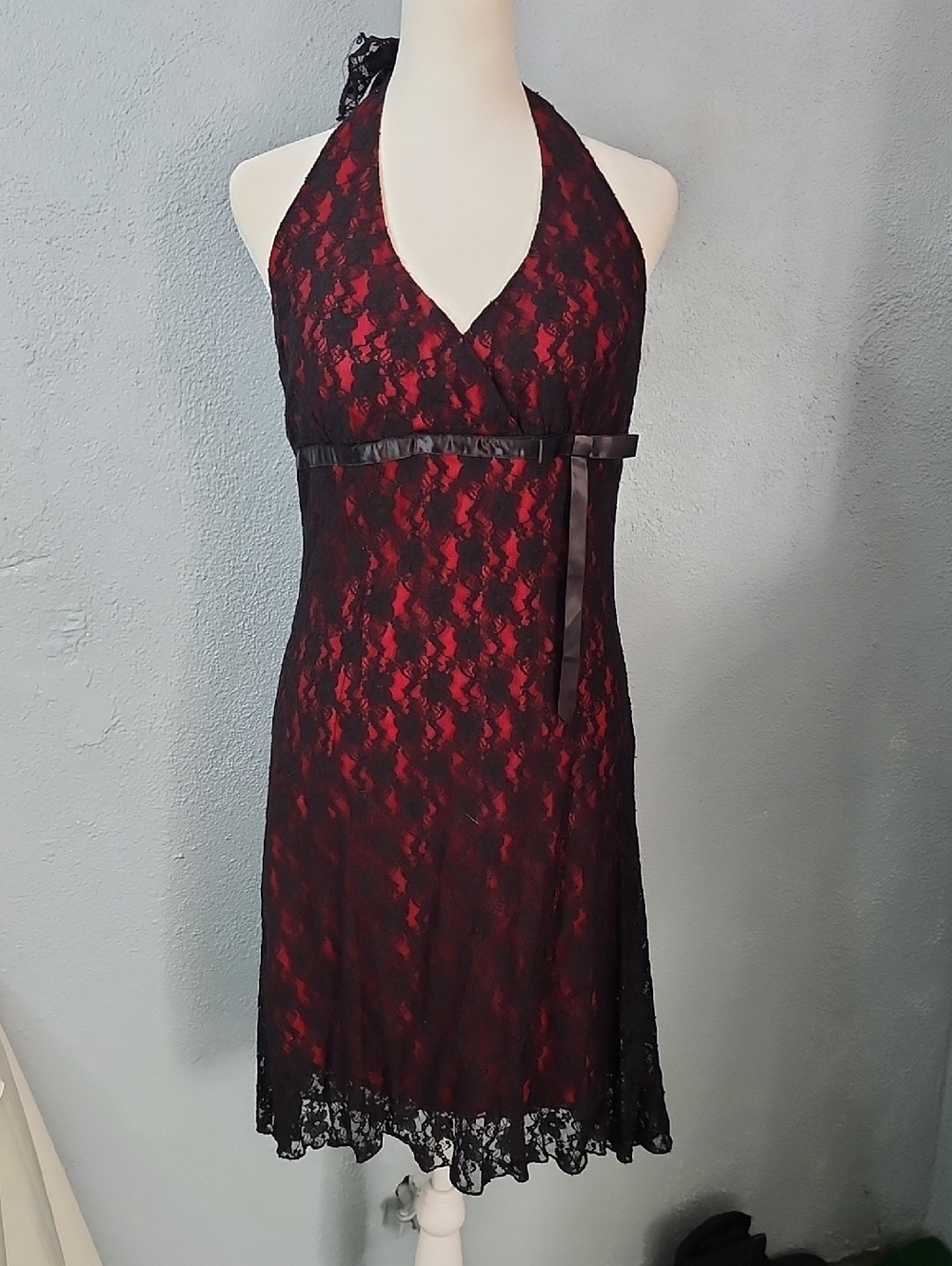 Red Halter Lace Dress with Black Overlay